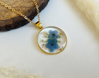 Gold Vergissmeinnicht Halskette: Gepresste Blume Resin Anhänger