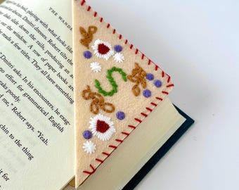 Hand Embroidered Felt Corner Bookmark, Floral Personalized Gift
