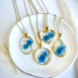 Collar de flores doradas para mujer, collar de flores no me olvides, collar de flores prensadas, collar de resina con flores secas, regalo para mamá
