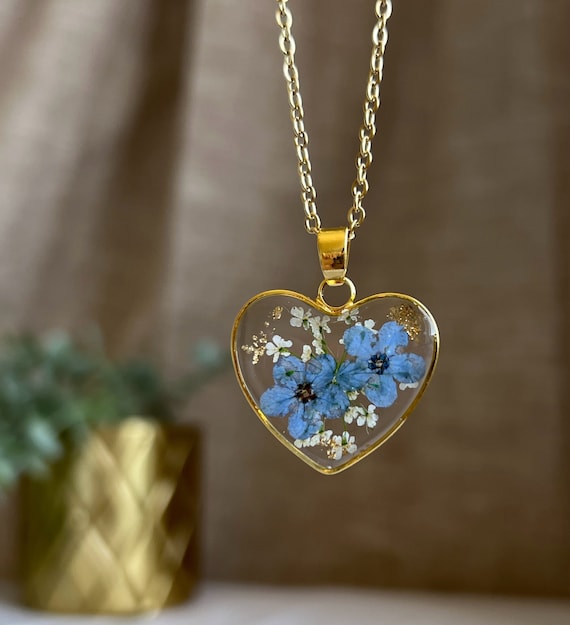 Vergissmeinnicht Herz Halskette: Gepresste Blaue Blume Harz Anhänger