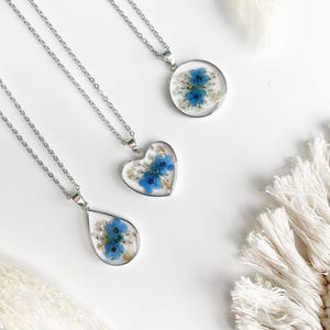 Silver 925 Forget-Me-Nots Blue Flower Necklace Circle Handmade Dried Real Flower Pressed Floral Pendant For Women Floral Necklace Resin