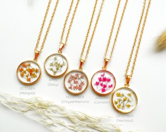 Birth Month Flower Necklace, 18k Gold Resin Pendant, Boho Botanical Jewelry