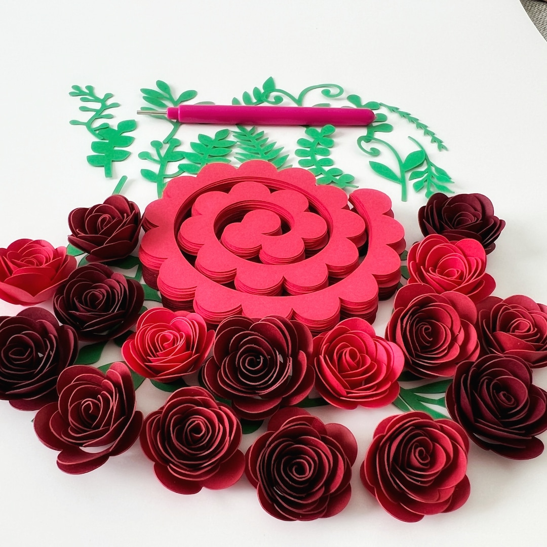 Precut 1 Inch Paper Red Rose Kit With Leaves and Quill DIY Card Stock