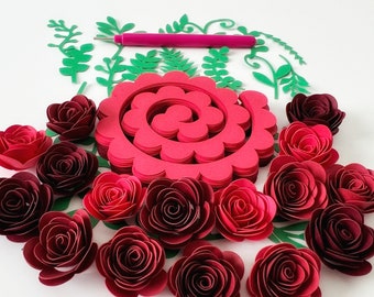 Precut 1 inch Paper Red Rose Kit with leaves and Quill DIY Card stock Paper Flower Assorted Red Rose DIY un-rolled Flower Kit Paper Rose