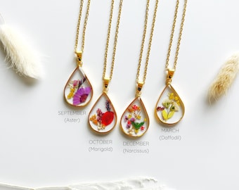 Birth Month Flower Necklace: 18k Gold Plated Resin Teardrop Pendant