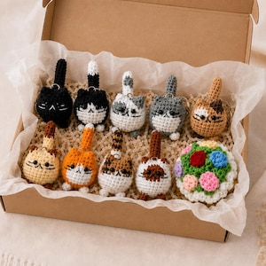 May include: A collection of nine small, round, crocheted cat keychains in various colors including black, white, gray, orange, and brown, alongside a round, crocheted floral accessory, all arranged inside a cardboard gift box with tissue paper.