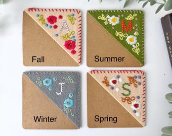 Hand Embroidered custom bookmark Floral Felt Corner Bookmark Gift Envelope Personalizable Letter Bookmark Seasons Stitched Flower Gift