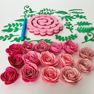 Precut 1 inch Paper Rose Kit Pre-cut Card stock Paper Flower with leaves DIY Kit Assorted Pink Rose DIY unrolled Flower Kit Quill roses