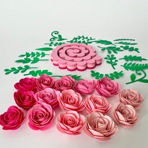 Kit de rosas de papel precortadas de 1 pulgada, cartulina desenrollada, flores de papel con hojas, kit de bricolaje, rosas rosadas variadas, kit de flores para bricolaje, flores enrollables