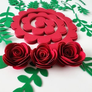 Kit de roses en papier prédécoupées de 2,5 cm (1 po.) Papier cartonné à faire soi-même rose rouge, fleurs en papier avec feuilles, assortiment de roses rouges, kit de fleurs à faire soi-même en origami roses, déroulé