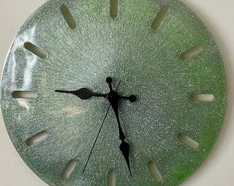 Christmas clock, sparkly green and silver clock, 13” holiday clock, wall clock