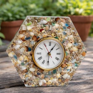 Sea Glass Shell Clock, Hexagon Beach Desk Clock