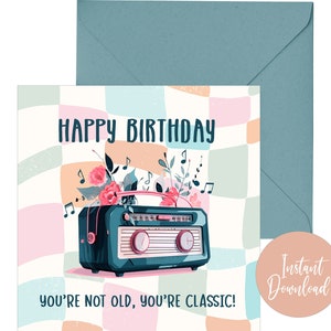 Vintage Radio Birthday Card for DJ Seventies Boombox Printable gifts for Music Lovers  Retro Stereo Digital Download for Disc Jockey wife