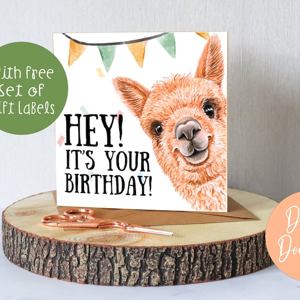 Llama Birthday card, Printable Alpaca Greeting card, Humorous animal card, congratulation card for him for her, funny watercolor party card
