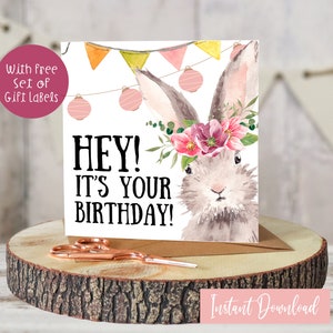 Woordspeling verjaardagskaart/afdrukbare Bunny Card/konijn digitale kaart/jaar van het konijn verjaardagskaart/humoristische dierenkaart/gratis cadeau-tags ingesloten