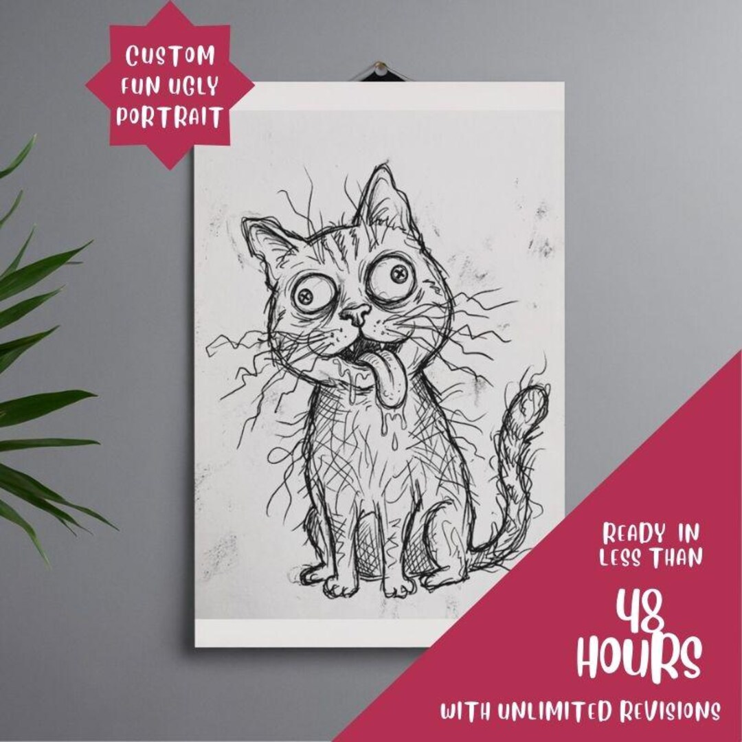 Custom Ugly Cat Portrait – Badly Drawn Funny Cat Art, Single Pet Derpy ...