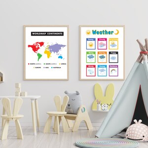 Mapamundi de aprendizaje para niños, arte de pared para habitación de niños, decoración educativa en lienzo, mapa del tiempo, papel tapiz, arte de pared impreso