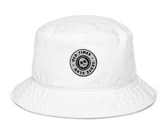 May include: White bucket hat with a black and white embroidered logo that says "Old Timer Skate Club" with a skull inside the circle.