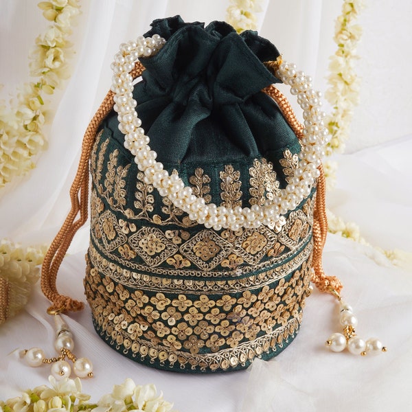 Potli de créateur indien, sac de poignet, sac seau, sac à main brodé à la main, cadeau de mère, pochette, cadeaux de mariage