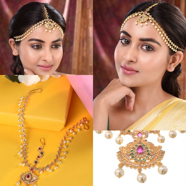 Gold Plated Matha Patti,Kundan And Pearls Wedding Day Jewelry, Boho Headpiece, Bridal Party Jewelry, Forehead Jewelry Kundan Head Band