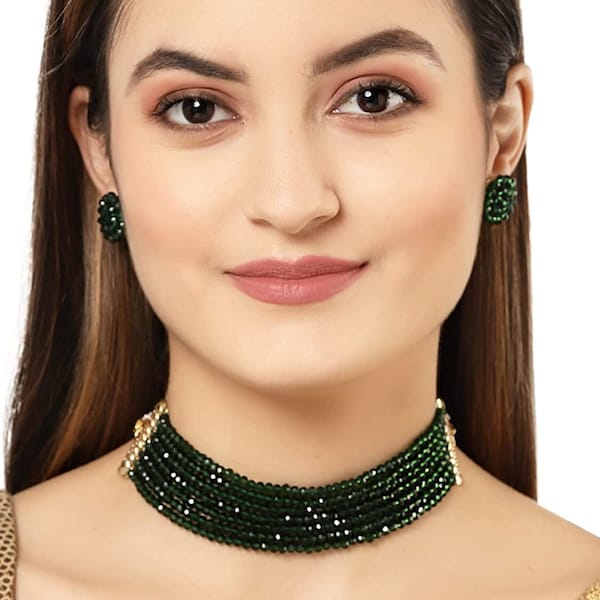 Green beads Choker Indian Choker Necklace,Indian Jewelry,Wedding Jewelry,Indian Necklace,Handmade Jewelry,Party Wear Necklace,Black Choker