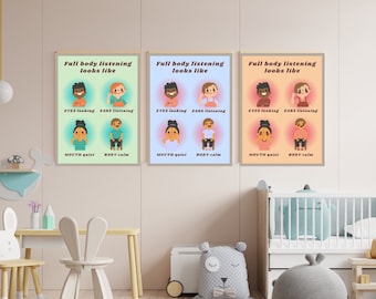 Listening Poster Set of 4 | Preschool Kindergarten Teacher Elementary Classroom K-12 Digital Download | Multiple colors INCLUDED | ABA aid