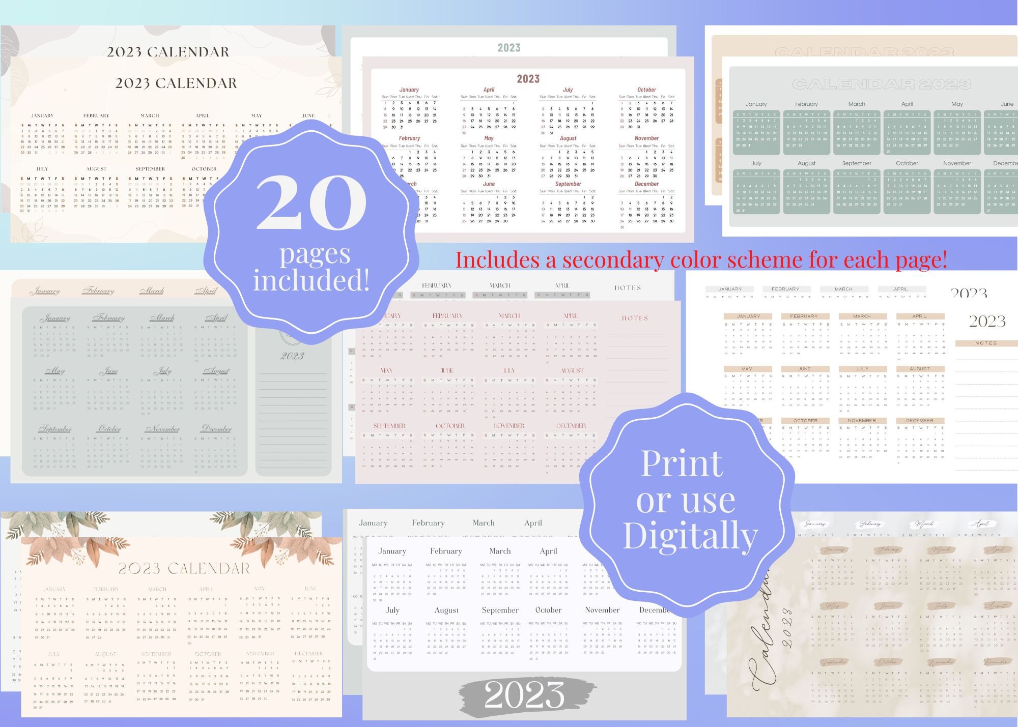 2023 Full Year Calendars Printable Template Instant Download Etsy
