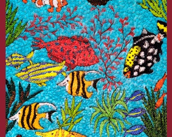 Marine Menagerie, paper art, quilling, painting, wall hanging, wall décor,  profusion of color, an eye catching display of under sea wonder.