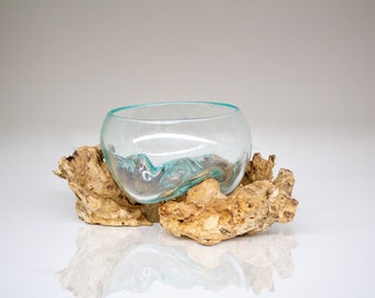 Glasschale auf Wurzelholz tolle Geschenkidee Durchmesser ca. 10-13 cm Wurzelholz Glasvase mundgeblasen