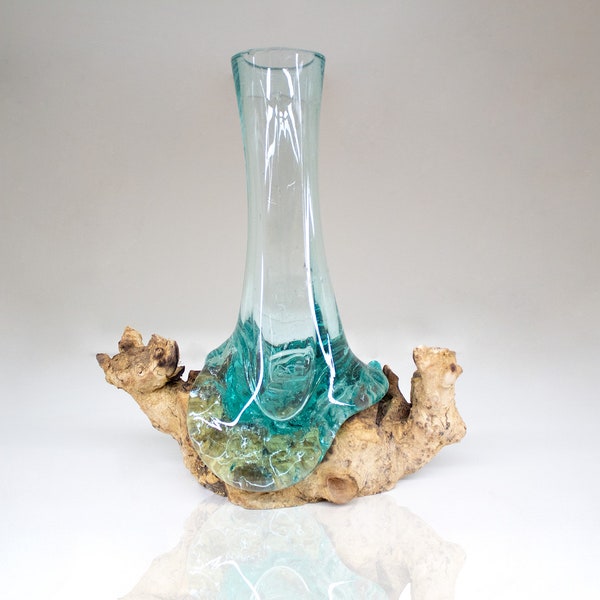 Glas Vase mundgeblasen auf Wurzelholz