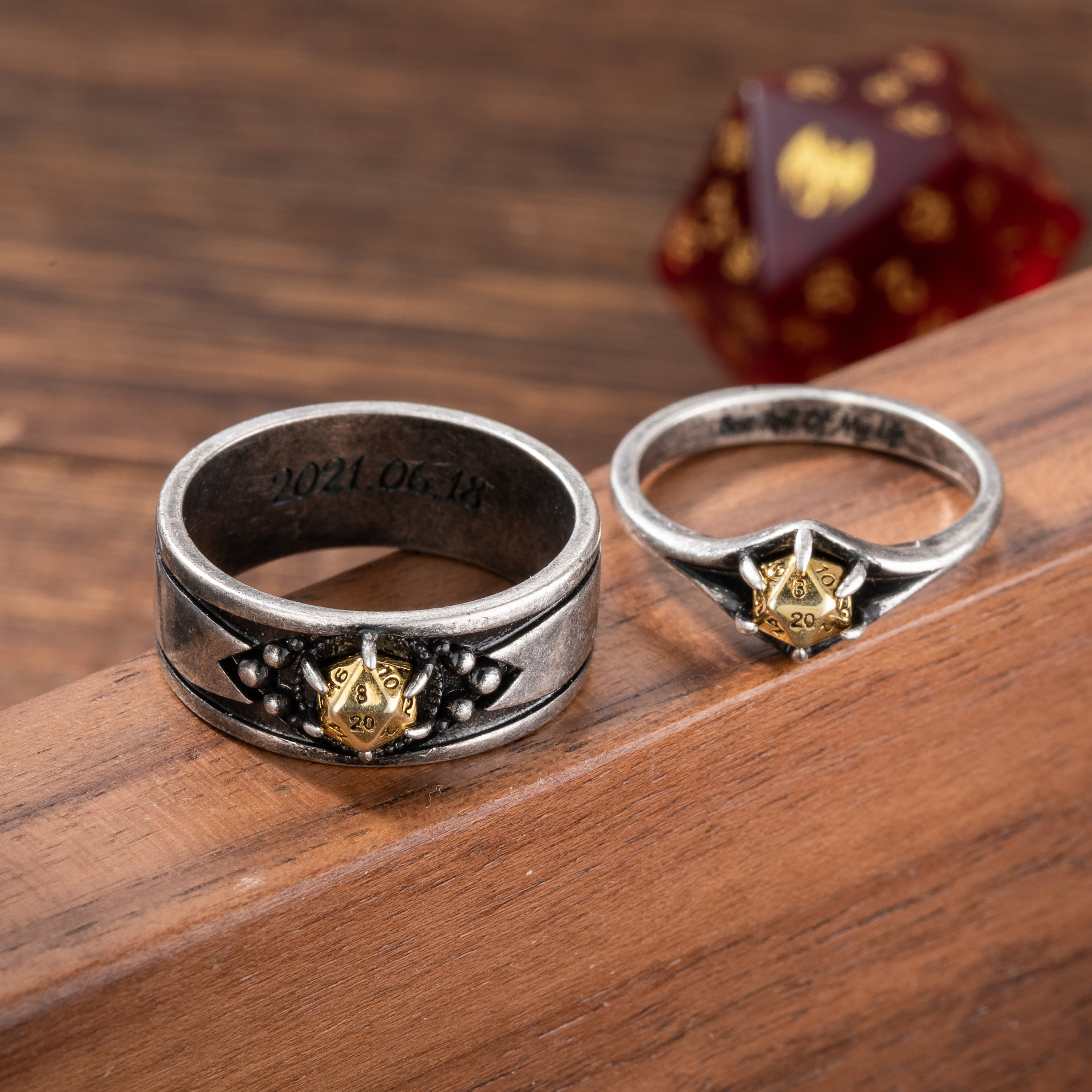 Dragon Ring Box and Mini Dice set for DND Custom Engraved Text Ring D20  Ring Custom Inner Ring Lettering DND Dice Ring with D20 Dice Doldols