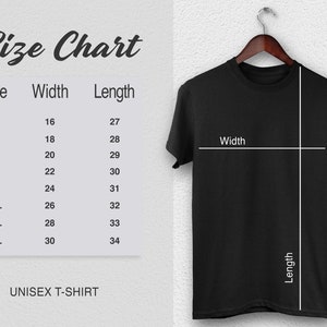 May include: Size chart for unisex t-shirts showing width and length measurements in inches for sizes XS to 4XL.