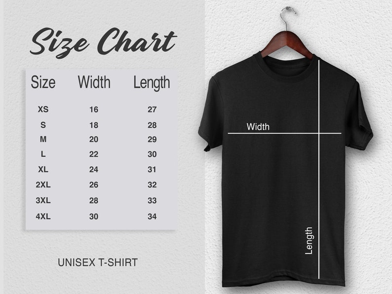 May include: Size chart for unisex t-shirts showing width and length measurements in inches for sizes XS to 4XL.