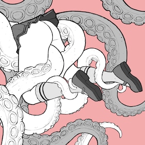 May include: A black and white illustration of a person being wrapped in the tentacles of an octopus. The person is wearing a skirt and shoes. The background is pink.