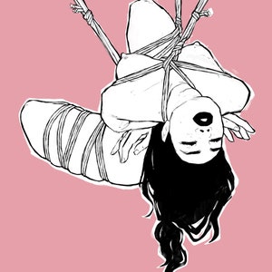 May include: A black and white line drawing of a person tied up with rope, hanging upside down against a pink background.