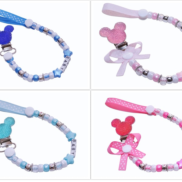 Personalised Stunning Dummy Clip Chain for Baby Girl Baby Boy by Polka Dot Ribbon with Bow Baby Pink Baby Blue Dark Blue Hot Pink