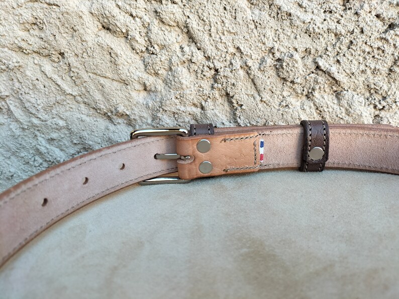 ceinture fantaisie en cuir pour homme et femme, ceinture bicolore en cuir, ceinture mixte en cuir imprimé beige et marron image 6