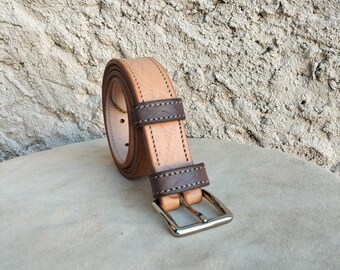 fancy leather belt for men and women, two-tone leather belt, mixed belt in beige and brown printed leather