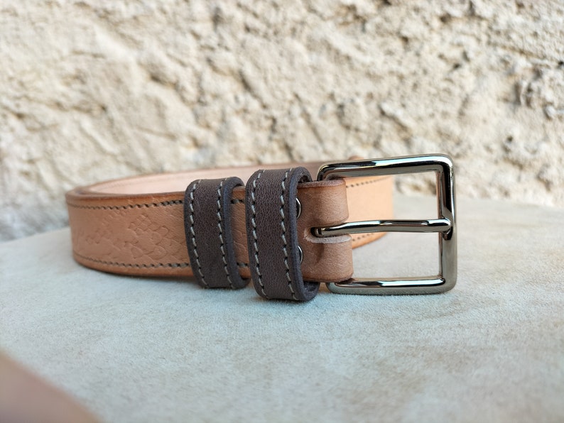 ceinture fantaisie en cuir pour homme et femme, ceinture bicolore en cuir, ceinture mixte en cuir imprimé beige et marron image 4