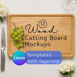May include: A light-colored wooden cutting board with a rectangular shape and a groove around the edge. The board has the text "Wood Cutting Board Mockups" and "Templates with layering!" A bunch of green grapes and a knife are on the board.