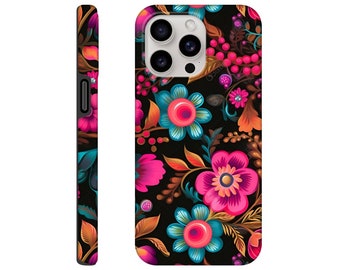 Coque de portable à fleurs folklorique, coque de portable rose bohème colorée pour elle, coque de portable esthétique pour iPhone et téléphone Samsung, cadeau pour elle