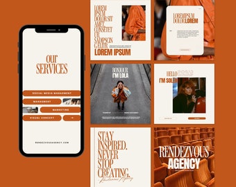 May include: A mobile phone screen displaying a website with the text "Our Services" and a list of services including social media management, management, marketing, and digital strategy. The website is for Rendezvous Agency. The image also includes several Instagram posts with text and images. The text on the Instagram posts includes "Stay Inspired. Never Stop Creating." and "Rendezvous Agency".