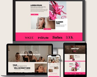 May include: A website design mockup featuring a pink and white color scheme. The website is for a fashion brand and features images of shoes, clothing, and models. The website also includes text such as "Our Reason Behind the Brand" and "Your Main Header Text Will Go Right Here".