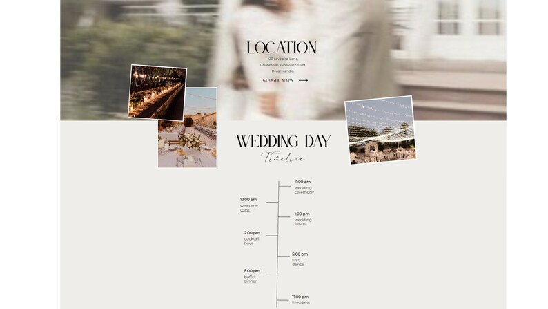 May include: A wedding day timeline with images of the ceremony, reception, and dinner. The timeline includes the following events: 12:00 pm welcome toast, 2:00 pm cocktail hour, 8:00 pm buffet dinner, 5:00 pm first dance, 7:00 pm wedding ceremony, 1:00 pm wedding lunch, 11:00 pm fireworks.