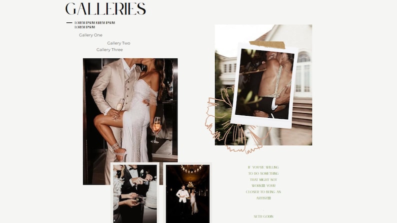 May include: A collage of wedding photos featuring a couple in various poses. The photos are arranged in a grid pattern with a floral design in the background. The text "If you're willing to do something that might not work out, you're already close to being an artist" is included in the collage.