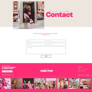 May include: A website for a creative studio called Pink Pop. The website features a contact form, a pink and white color scheme, and a photo of a woman in a pink outfit standing in a phone booth.