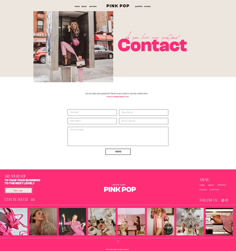 May include: A website for a creative studio called Pink Pop. The website features a contact form, a pink and white color scheme, and a photo of a woman in a pink outfit standing in a phone booth.
