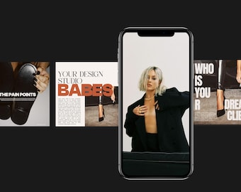 Puede incluir: Un collage de imágenes que presenta a una mujer con un blazer negro y un collar de oro, un par de botas de cuero negro y una portada de revista con el texto "Your Design Studio Babes" y "The Pain Points".