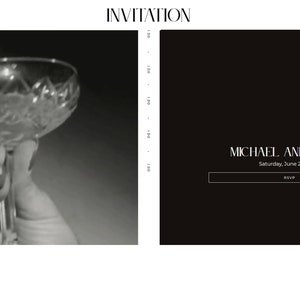 May include: Black and white invitation for a wedding with the text "MICHAEL AND HARPER" and the date "Saturday, June 21, 2024".