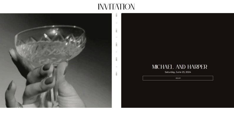 May include: Black and white invitation for a wedding with the text "MICHAEL AND HARPER" and the date "Saturday, June 21, 2024".